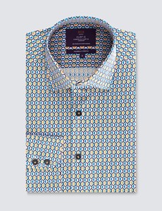 Men’s Curtis Blue & Pink Geometric Print Stretch Slim Fit Shirt - Low Collar