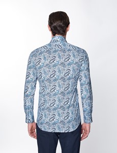 Men’s Curtis White & Blue Floral Print Stretch Slim Fit Shirt - Low Collar