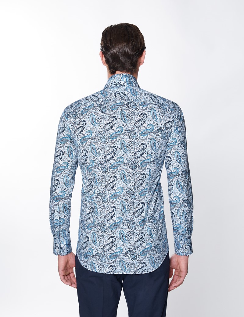 Men’s Curtis White & Blue Floral Print Stretch Slim Fit Shirt - Low Collar