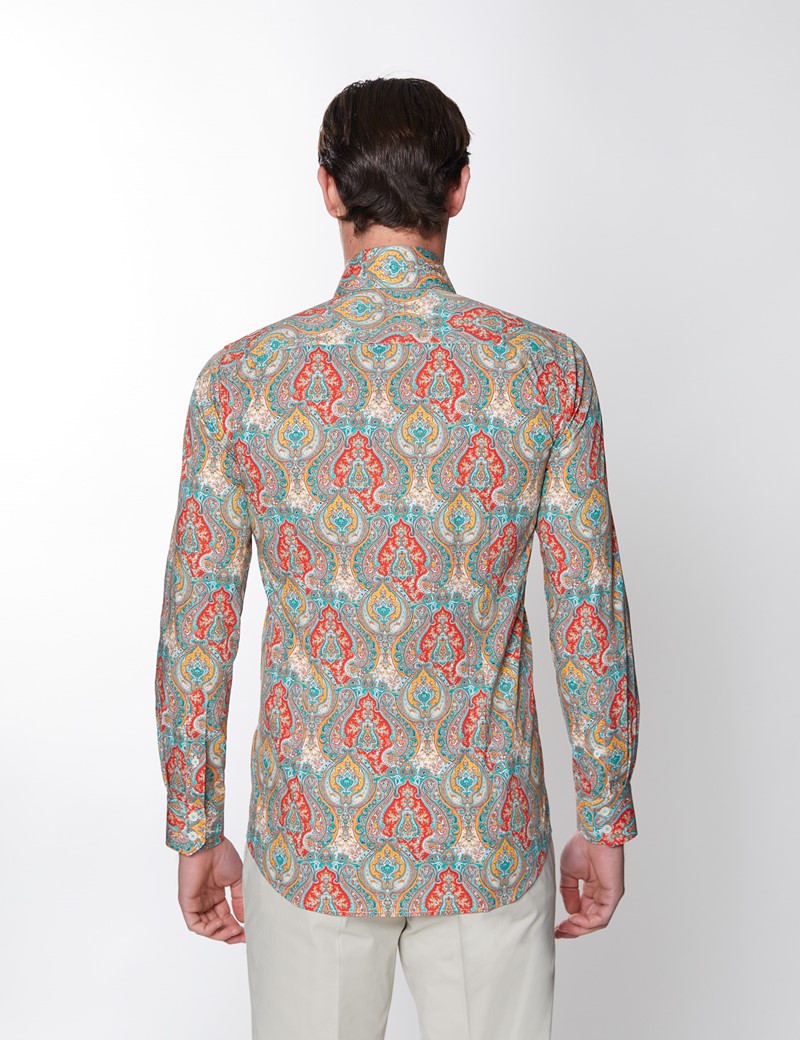 Men’s Curtis Paisley Red & Blue Piccadilly Stretch Slim Fit Shirt - Low Collar - Single Cuff