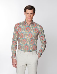 Men’s Curtis Paisley Red & Blue Piccadilly Stretch Slim Fit Shirt - Low Collar - Single Cuff