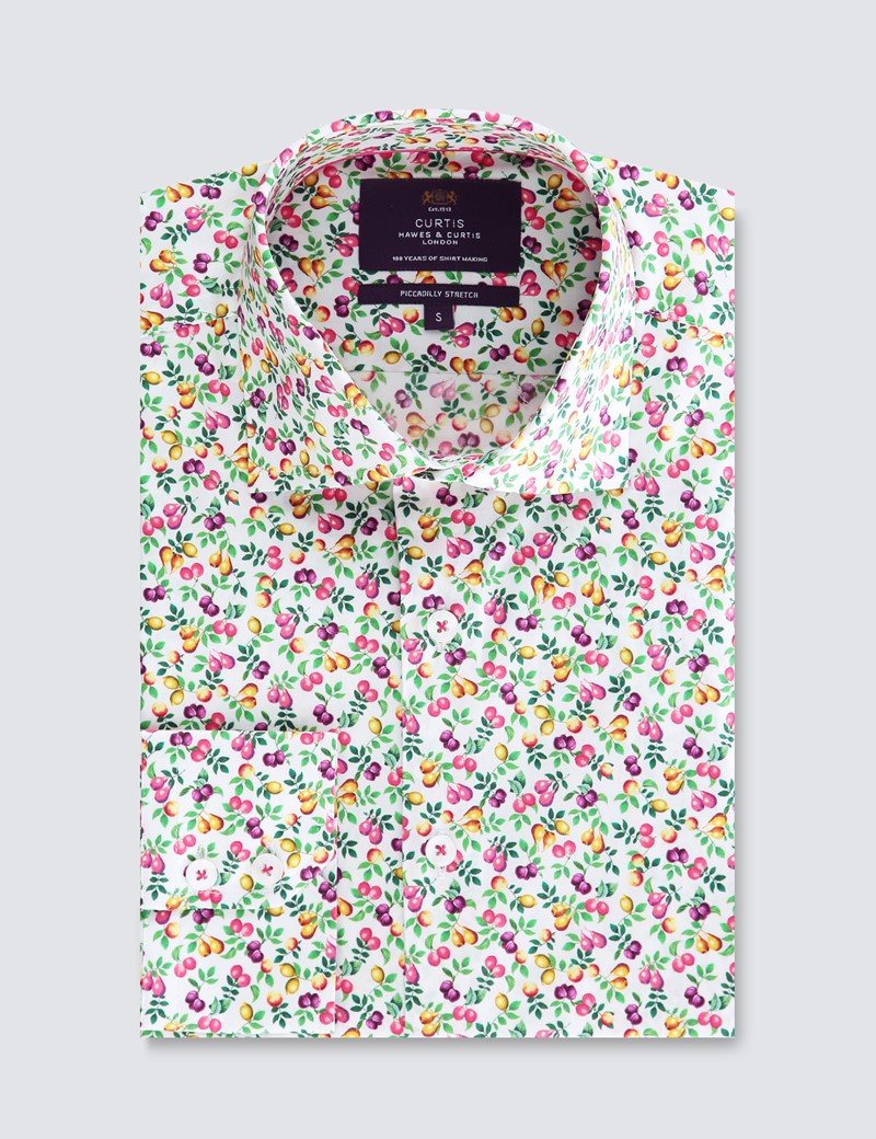 Men’s Curtis Print White & Yellow Piccadilly Stretch Slim Fit Shirt - Low Collar - Single Cuff