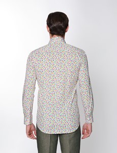 Men’s Curtis Print White & Yellow Piccadilly Stretch Slim Fit Shirt - Low Collar - Single Cuff