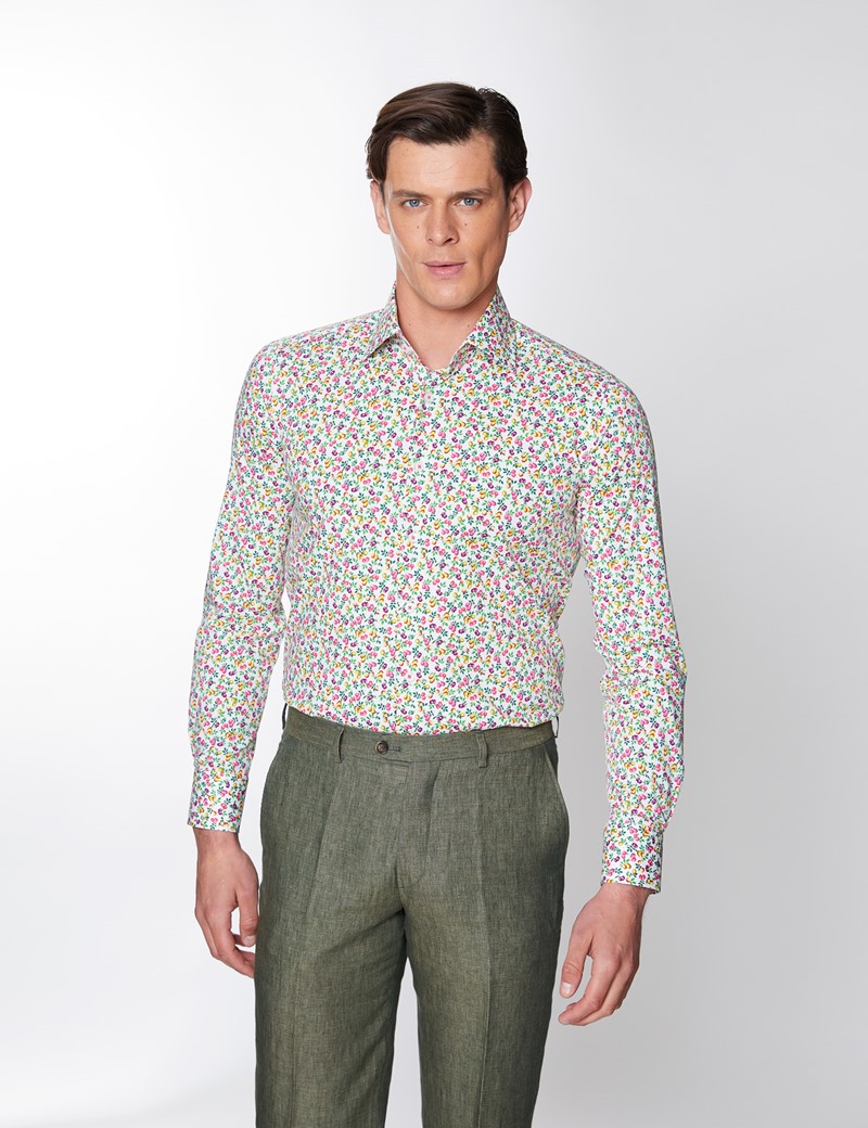 Men’s Curtis Print White & Yellow Piccadilly Stretch Slim Fit Shirt - Low Collar - Single Cuff