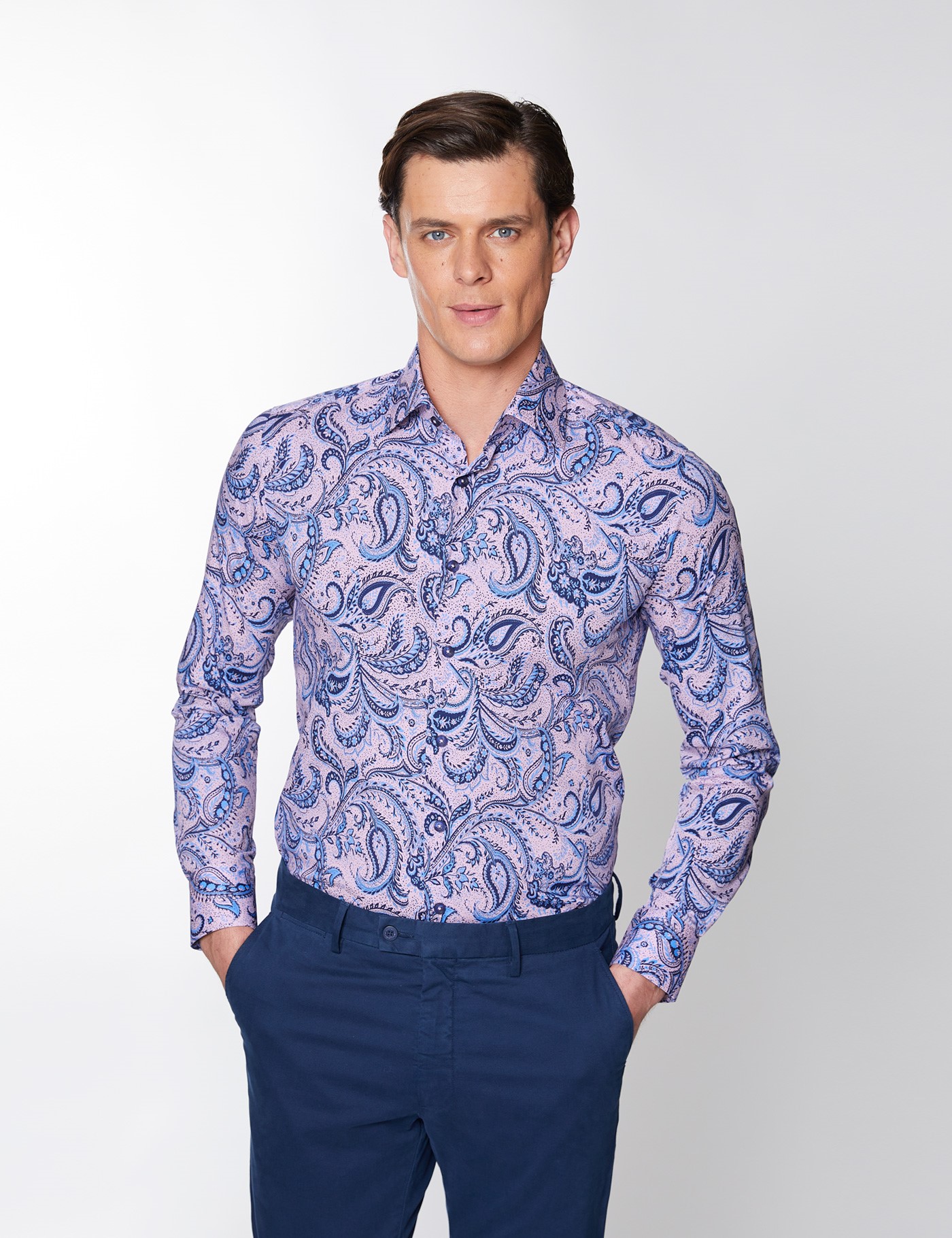 Men’s Floral Print Stretch Slim Fit Shirt with Single Cuffs in Blue ...