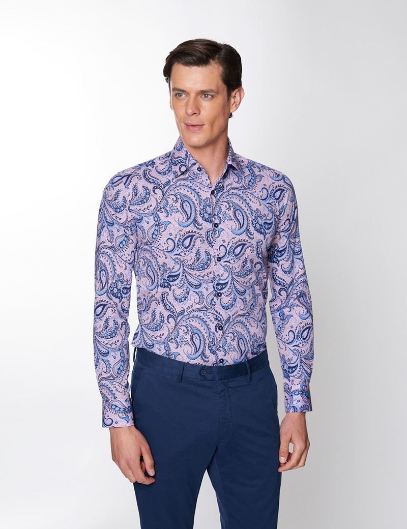 Men’s Floral Print Stretch Slim Fit Shirt with Single Cuffs in Blue ...