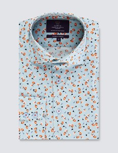 Men’s Curtis Floral Light Blue & White Piccadilly Stretch Slim Fit Shirt - Low Collar - Single Cuff