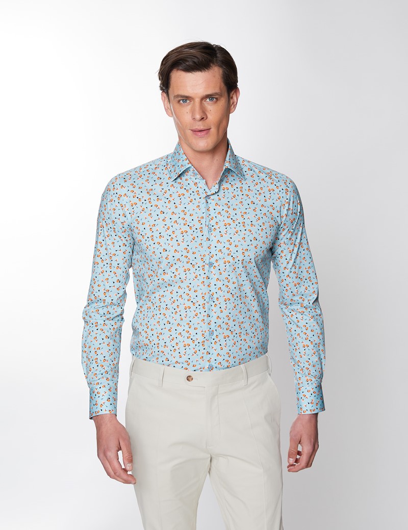 Men’s Curtis Floral Light Blue & White Piccadilly Stretch Slim Fit Shirt - Low Collar - Single Cuff