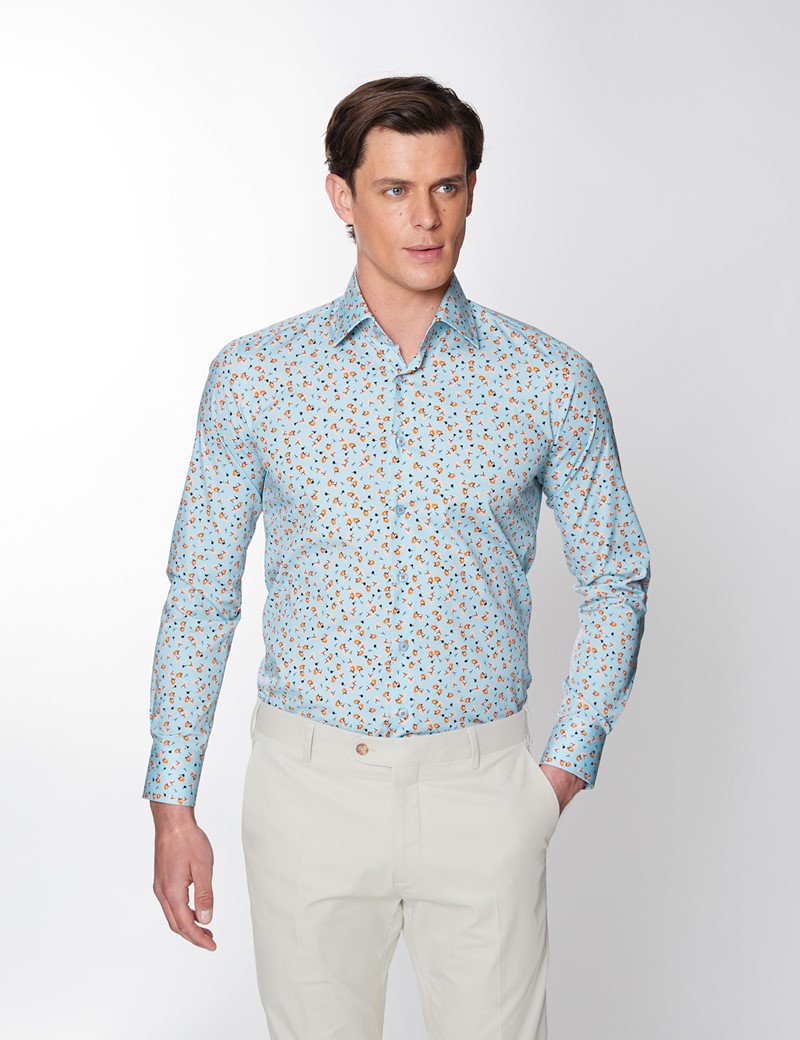 Men’s Curtis Floral Light Blue & White Piccadilly Stretch Slim Fit Shirt - Low Collar - Single Cuff