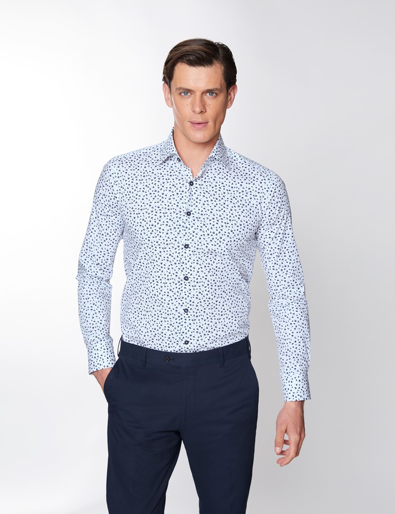 Men’s Curtis Floral Print White & Navy Piccadilly Stretch Slim Fit Shirt - Low Collar - Single Cuff