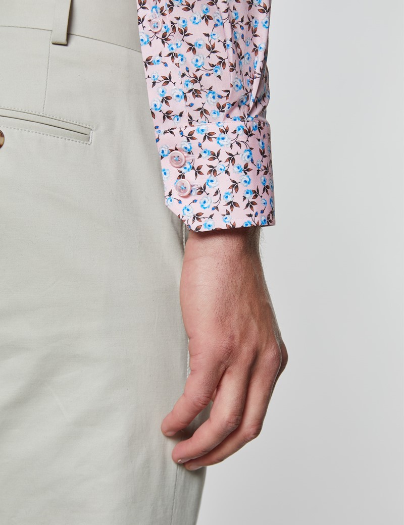 Men’s Curtis Pink & Blue Floral Print Stretch Slim Fit Shirt - Low Collar