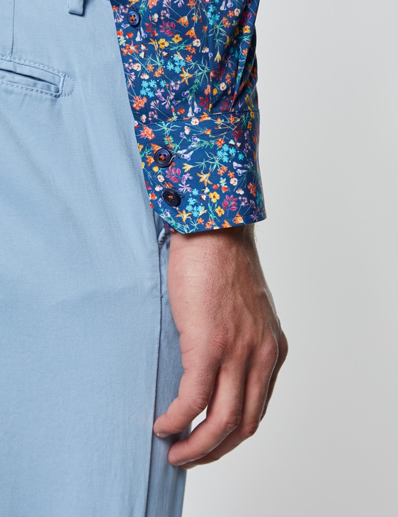 Men’s Curtis Navy & Yellow Floral Print Stretch Slim Fit Shirt - Low Collar