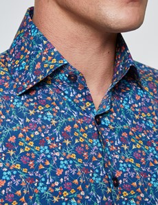 Men’s Curtis Navy & Yellow Floral Print Stretch Slim Fit Shirt - Low Collar
