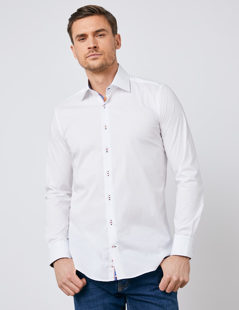 Men's Curtis White Cotton Stretch Slim Fit Shirt with Contrast Detail ...
