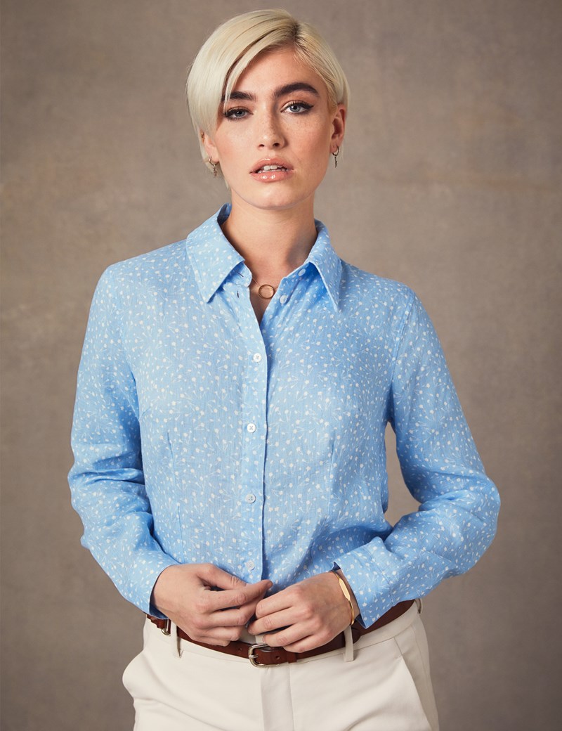 Women's Blue & White Floral Relaxed Fit Linen Shirt | Hawes & Curtis