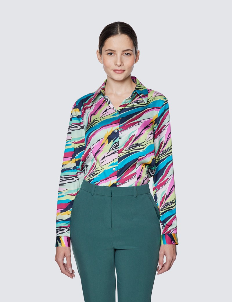 Women's Pink & Green Geometric Stripe Print Relaxed Fit Shirt 
