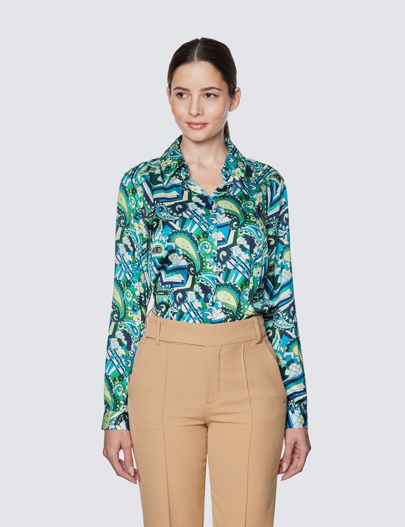 Women's Green & Blue Floral Paisley Print Relaxed Fit Shirt 