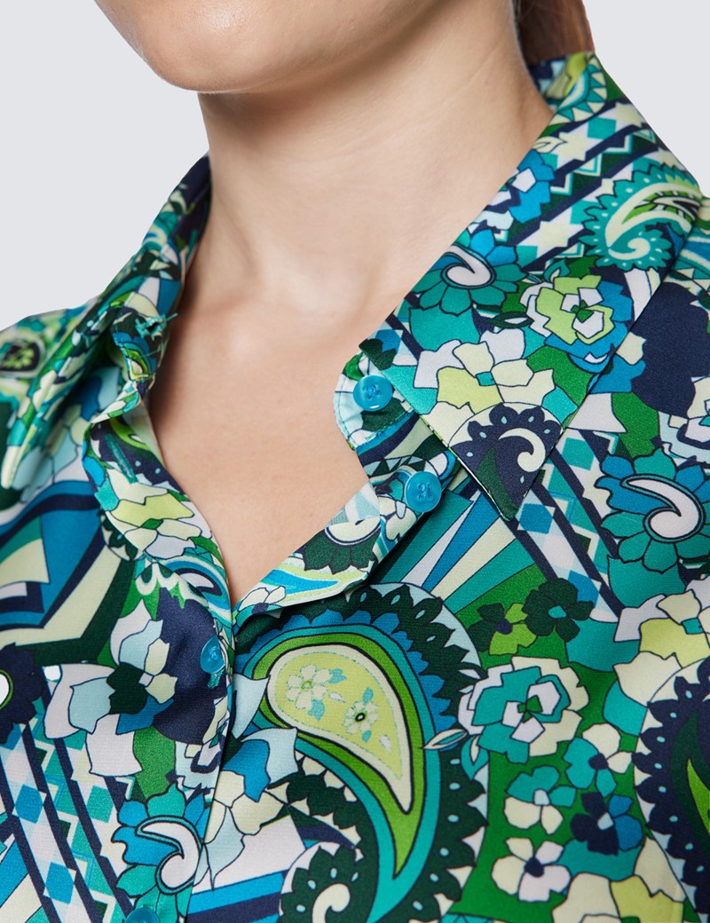 Women's Green & Blue Floral Paisley Print Relaxed Fit Shirt 
