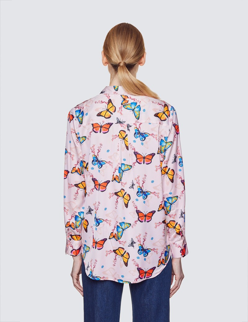 Women's Pink & Blue Butterfly Print Relaxed Fit Blouse