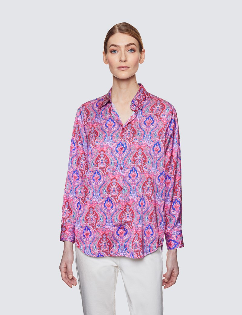 Women's Blue & Pink Paisley Print Relaxed Fit Blouse