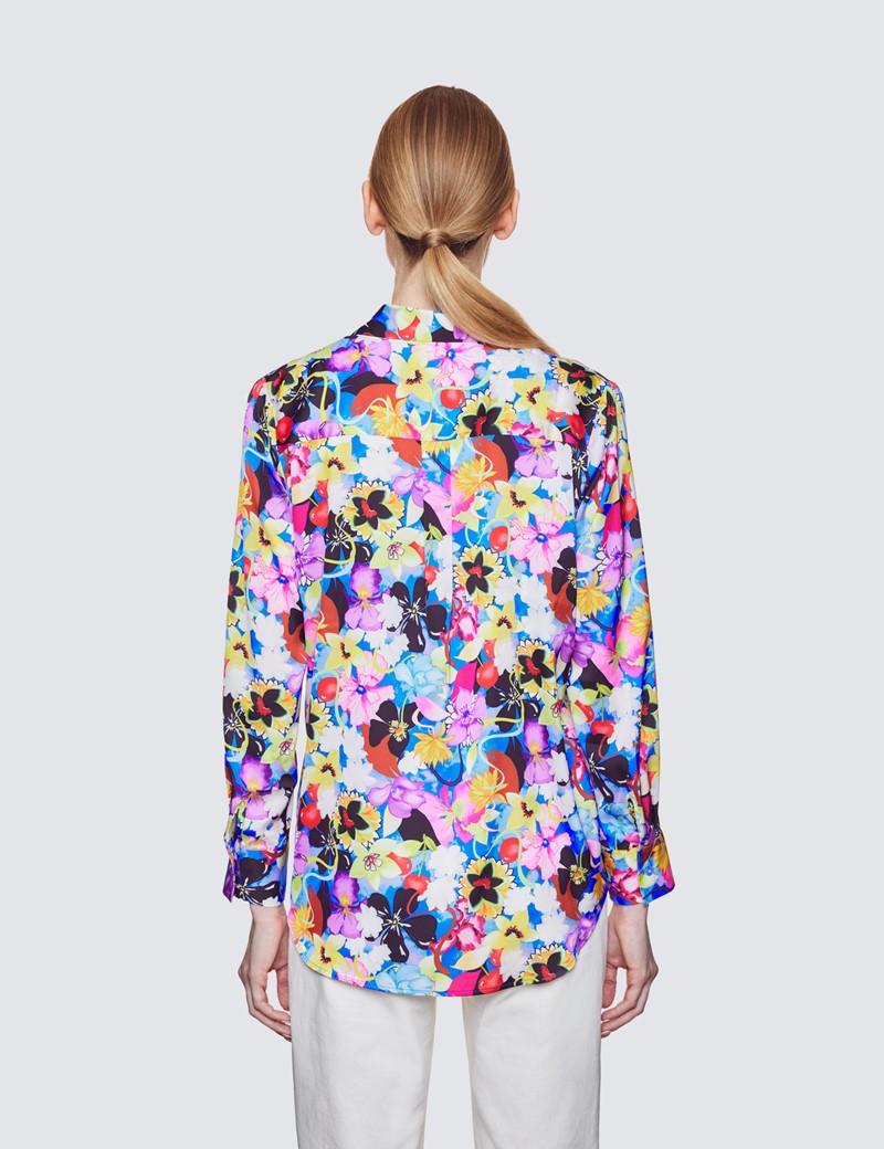 Women's Blue & Yellow Floral Print Relaxed Fit Blouse