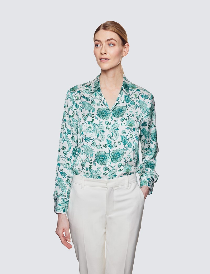 Women's White & Mint Paisley Print Relaxed Fit Blouse