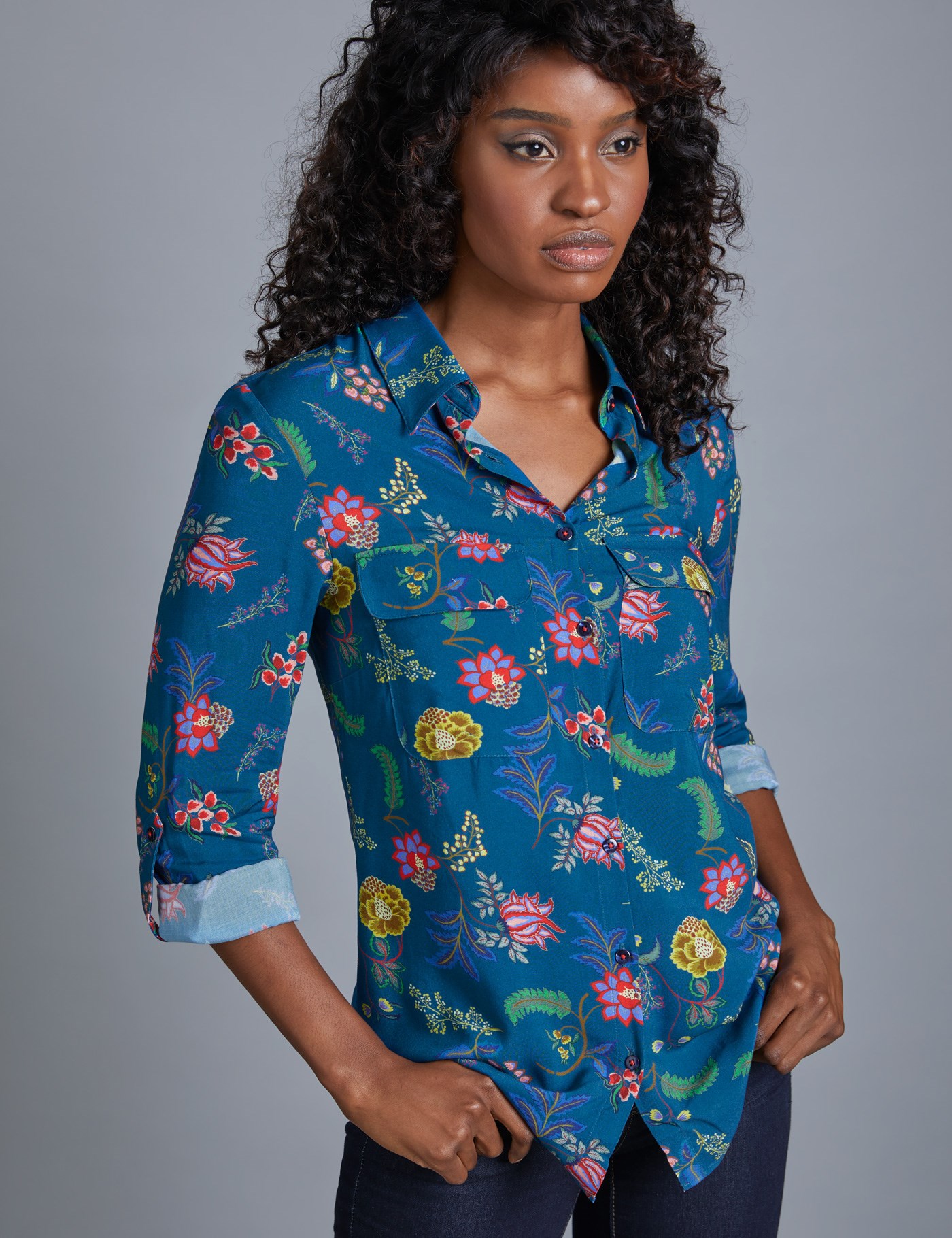 Women's Teal & Red Flower Print Relaxed Fit Shirt Single Cuff Hawes