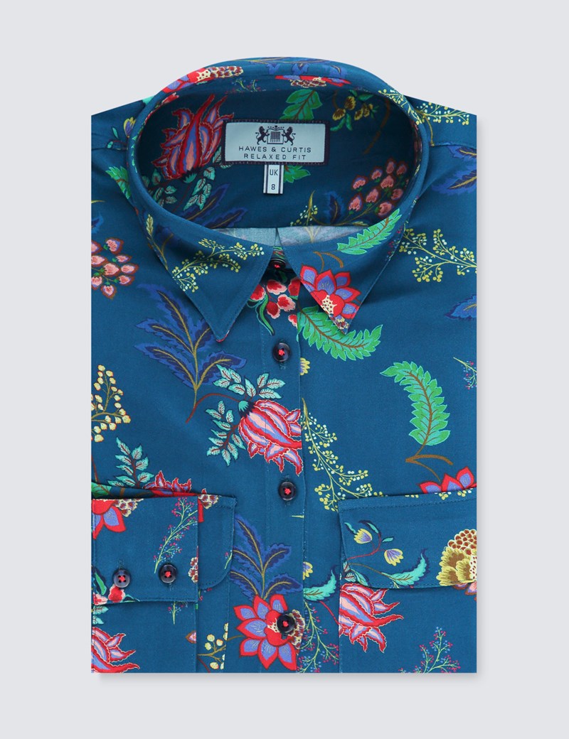 Women's Teal & Red Flower Print Relaxed Fit Shirt - Single Cuff | Hawes ...