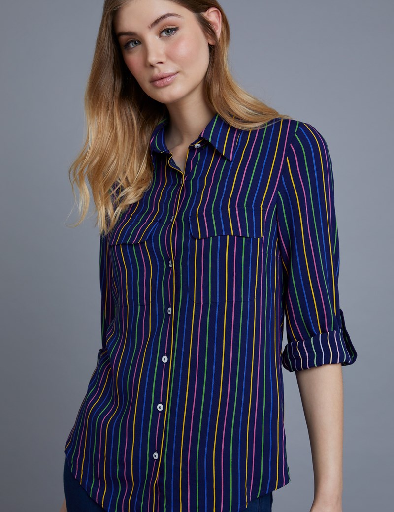 Women's Navy Multi Stripe Relaxed Fit Shirt - Single Cuff | Hawes & Curtis