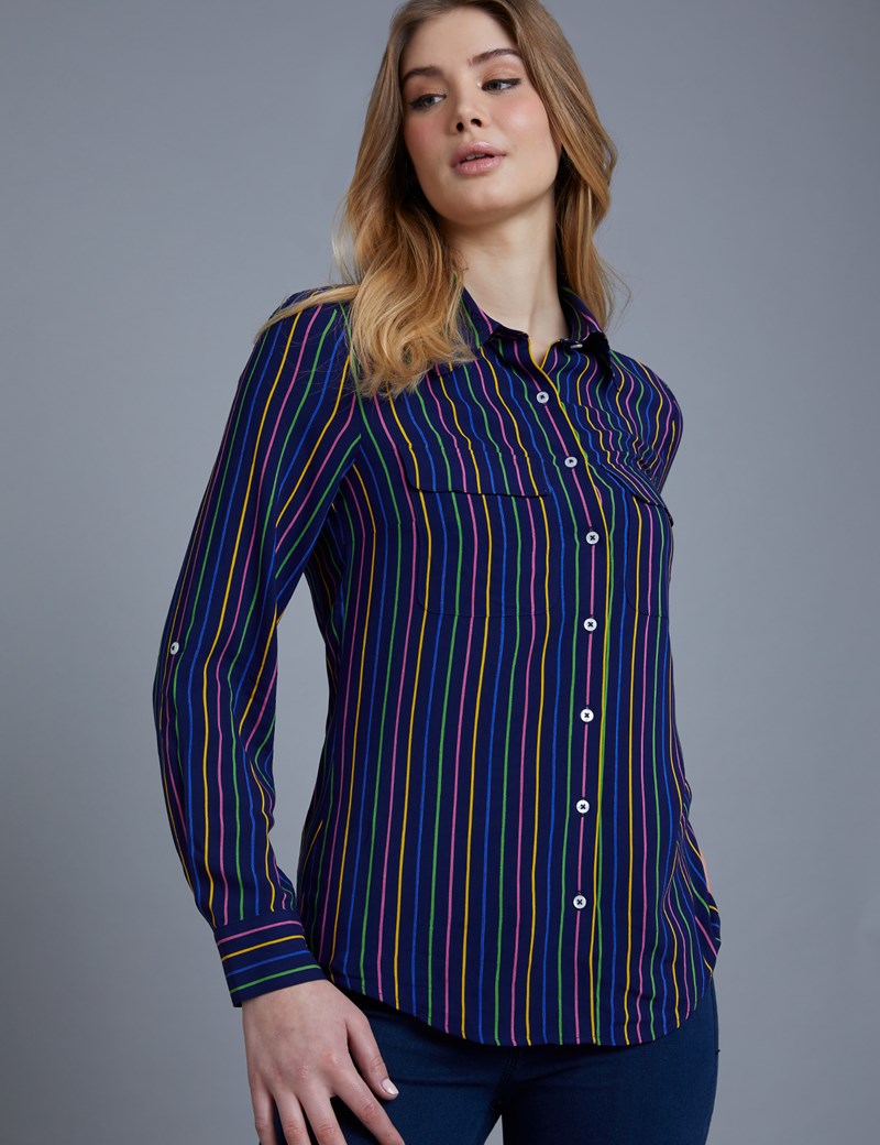 Women's Navy Multi Stripe Relaxed Fit Shirt Single Cuff Hawes & Curtis
