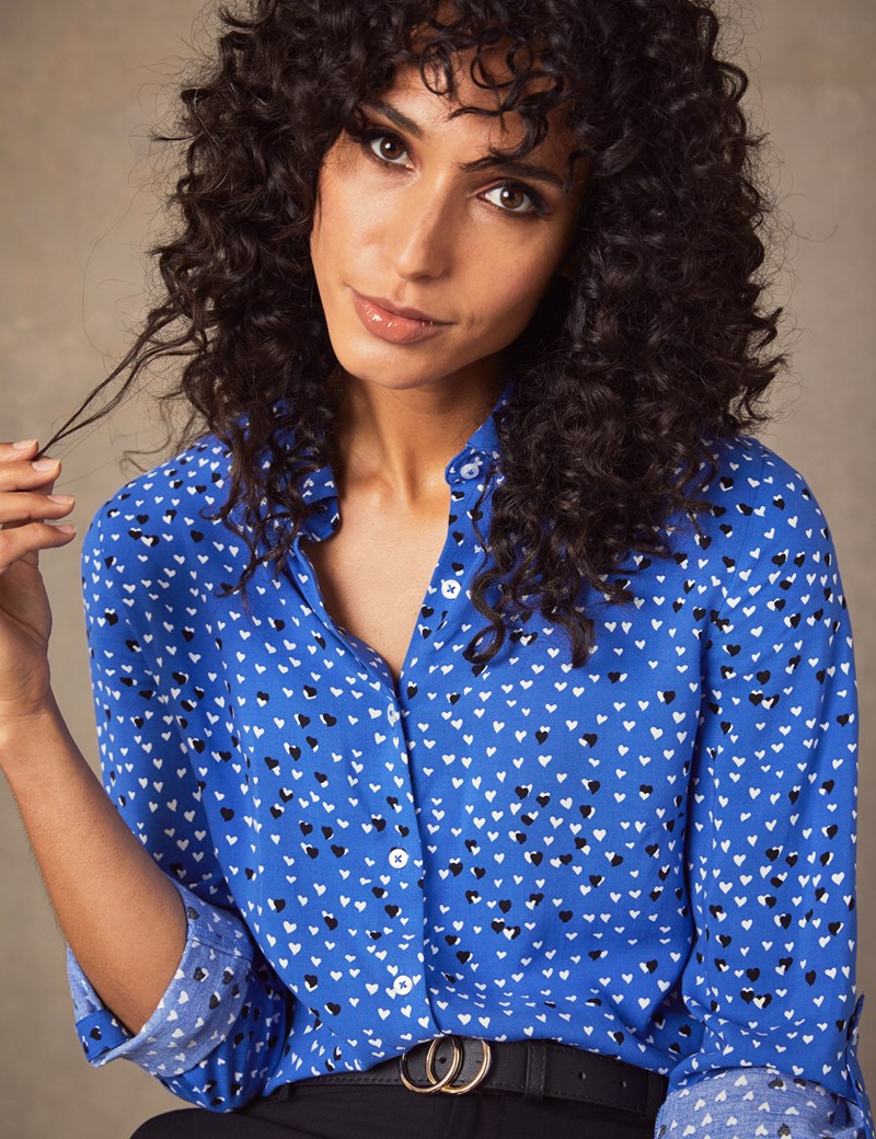 Women's Blue & White Hearts Print Relaxed Fit Shirt - Single Cuff ...
