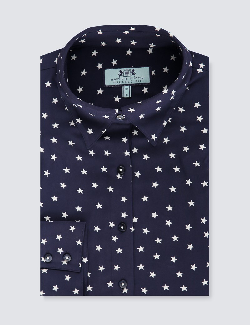 Women's Navy & White Star Print Relaxed Fit Shirt - Single Cuff | Hawes ...