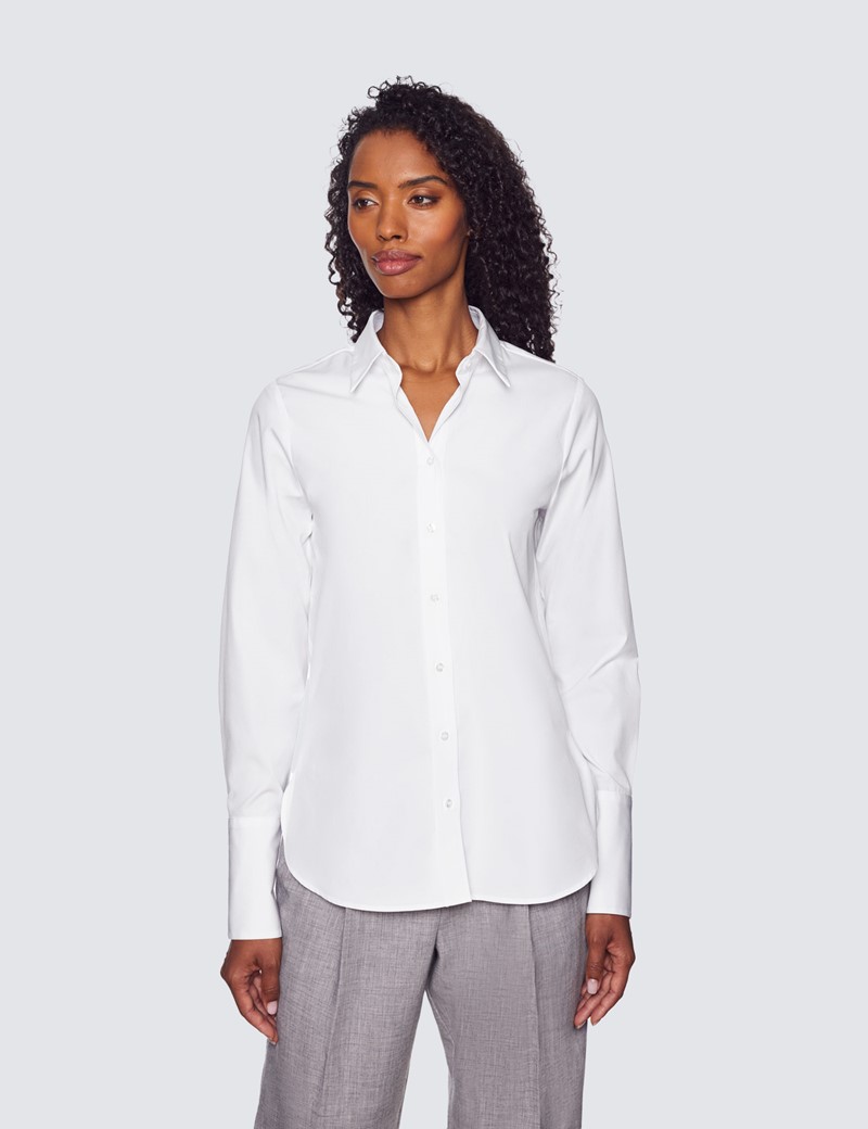 Women's Plain White Poplin Relaxed Fit Shirt - Double Pleat Back