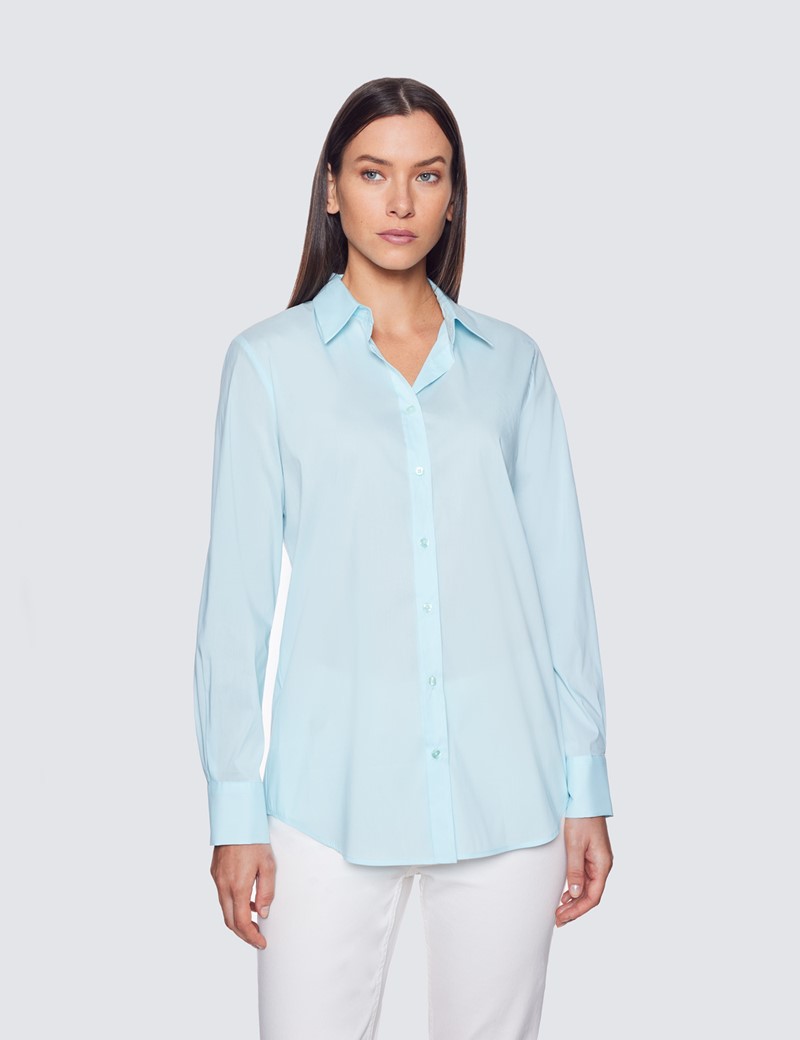 Women's Aqua Blue Relaxed Cotton Blend Shirt | Hawes & Curtis