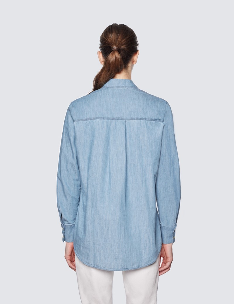 Women's Light Denim Relaxed Fit Shirt With Pocket