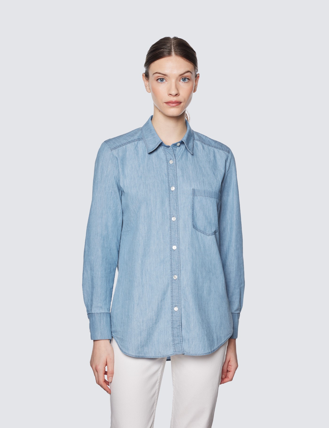 Women's Light Denim Relaxed Fit Shirt With Pocket | Hawes & Curtis