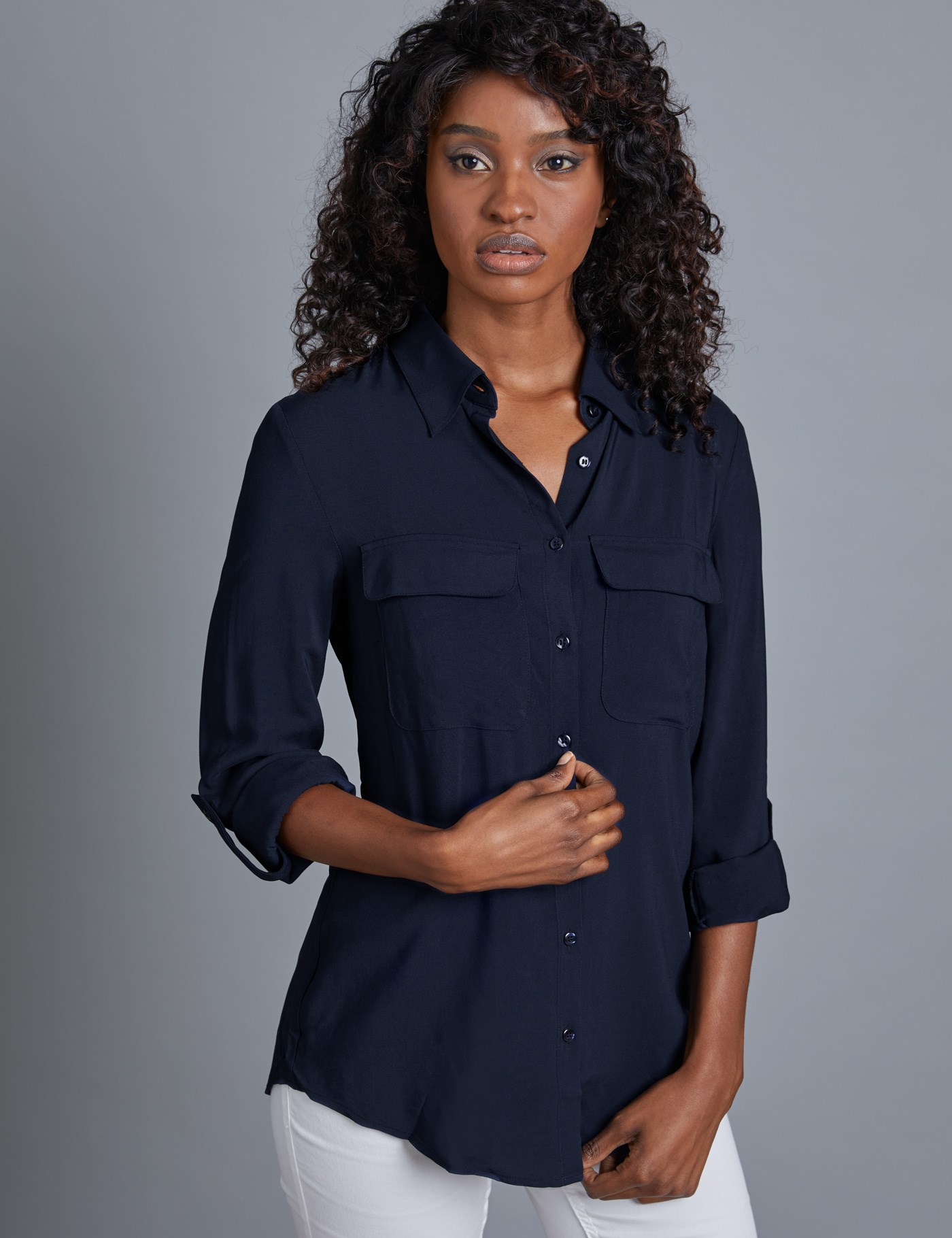 Women's Navy Relaxed Fit Shirt - Single Cuff | Hawes & Curtis