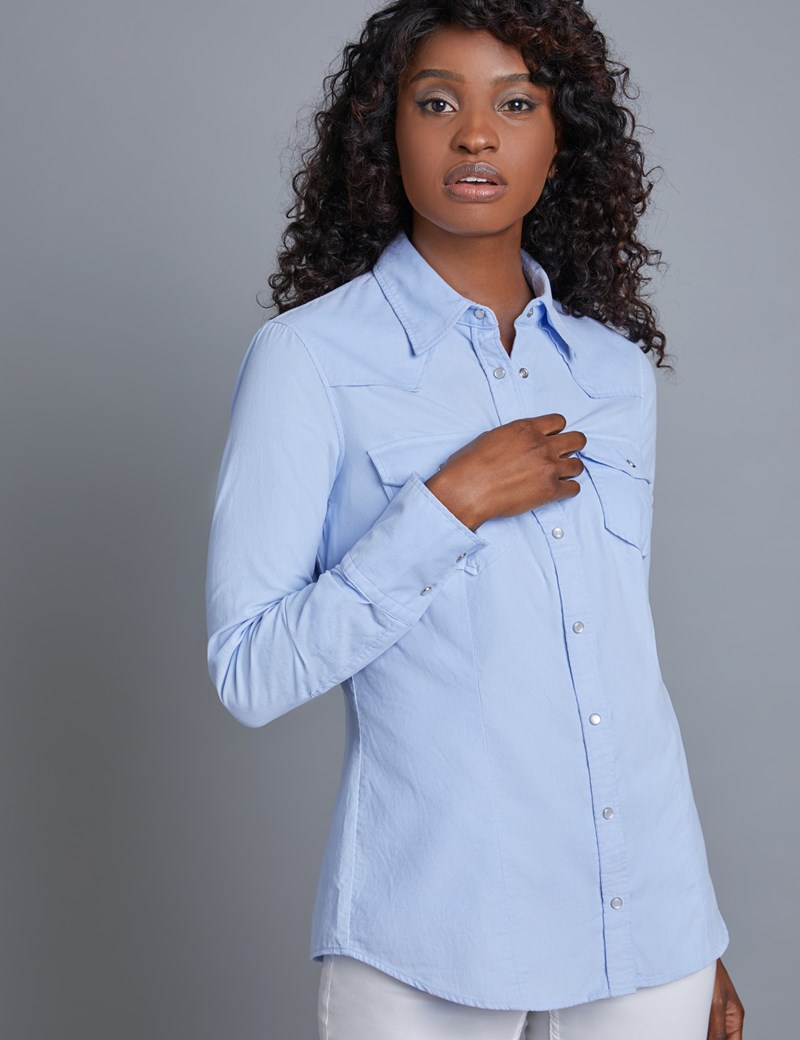 Womens Light Blue Corduroy Relaxed Fit Shirt Single Cuff Hawes And Curtis 