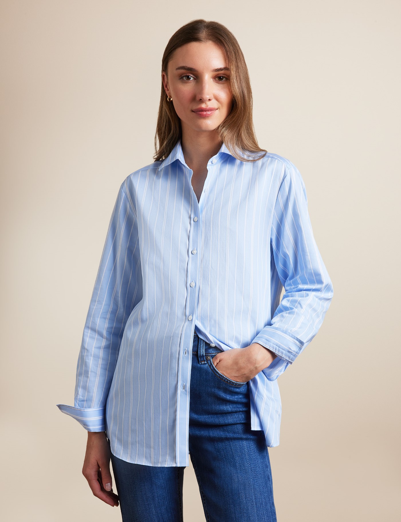 & Relaxed Fit Blue & Wide Stripe Shirt