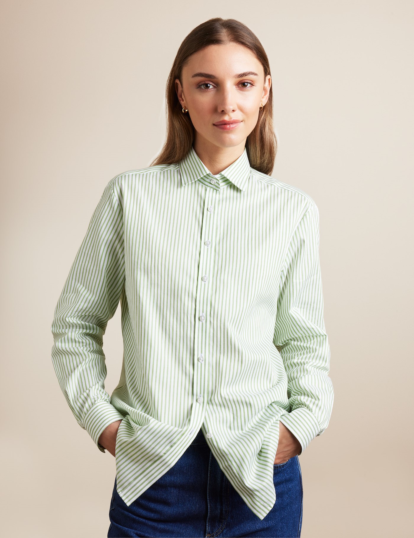 & Relaxed Fit Green & Bengal Stripe Shirt