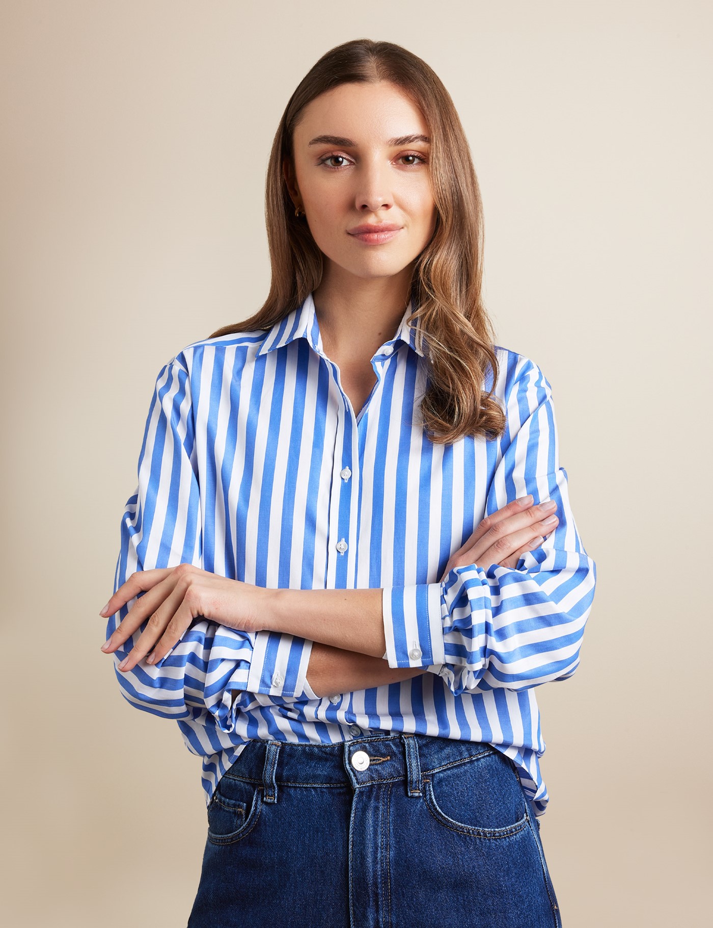 & Relaxed Fit Blue & Bengal Stripe Shirt