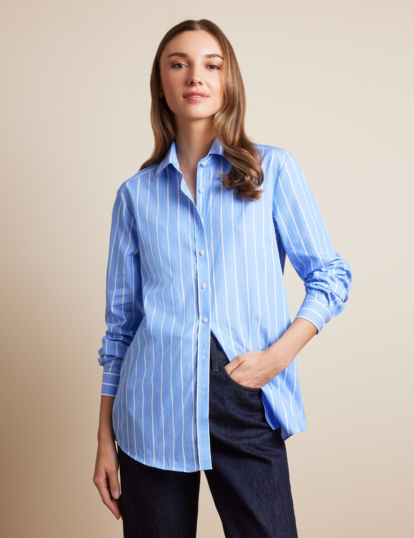 & Relaxed Fit Blue & Stripe Shirt