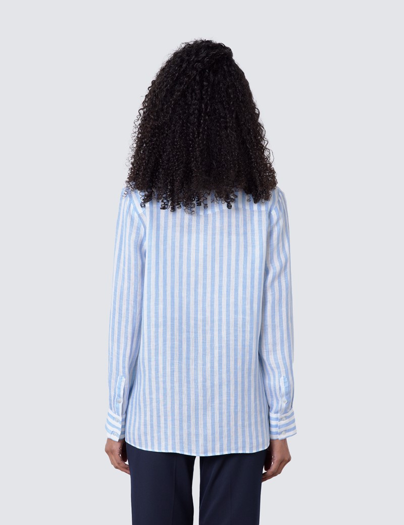 Linen Stripe Women's Relaxed Fit Shirt in White & Blue Hawes & Curtis