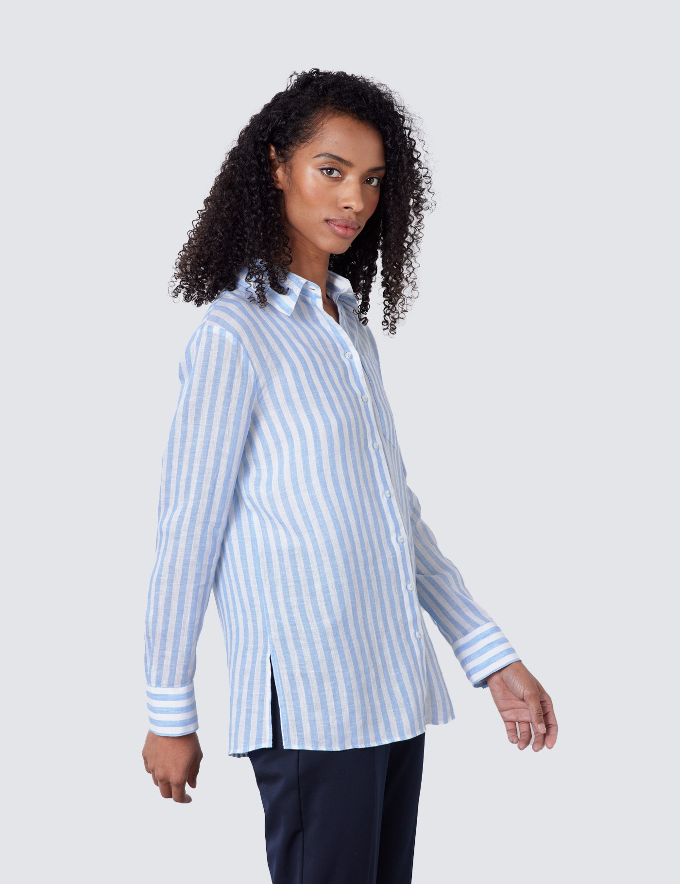 Linen Stripe Women's Relaxed Fit Shirt in White & Blue | Hawes & Curtis