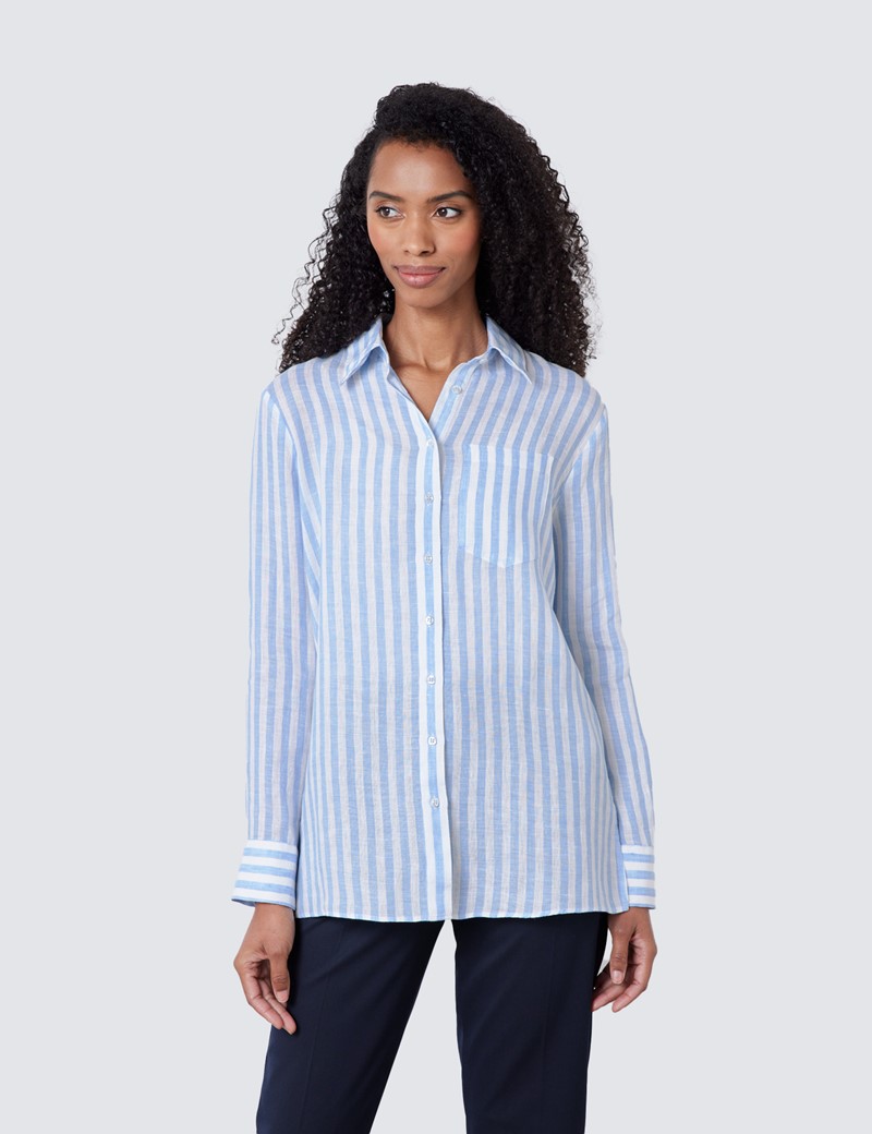 Linen Stripe Women's Relaxed Fit Shirt in White & Blue | Hawes & Curtis