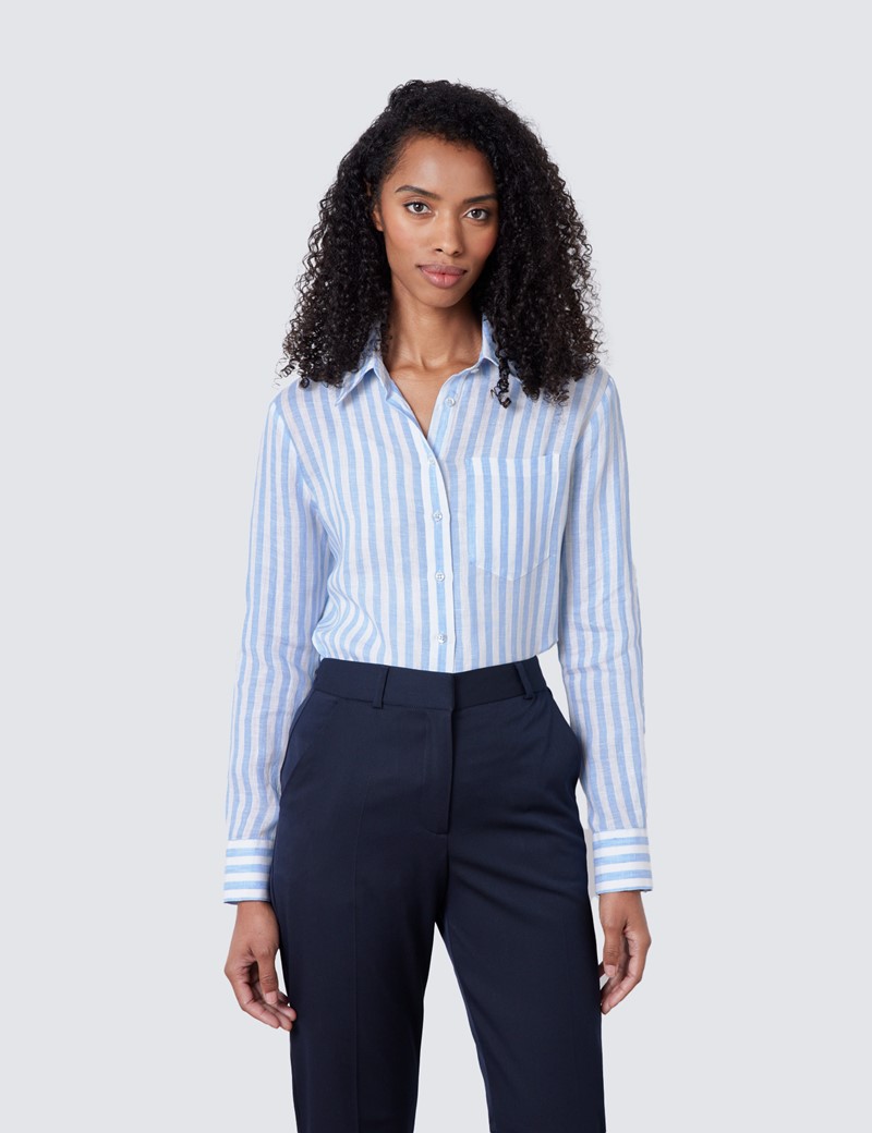 Linen Stripe Women's Relaxed Fit Shirt in White & Blue | Hawes & Curtis