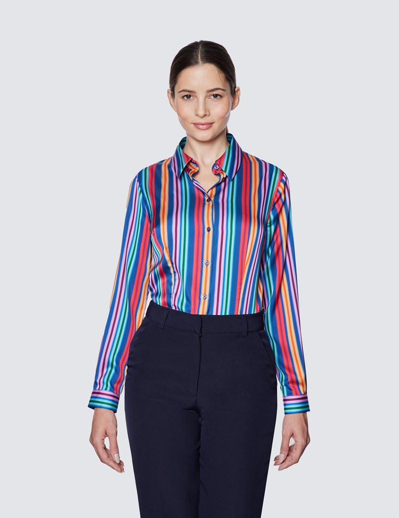 Women's Blue & Red Stripe Relaxed Fit Shirt 