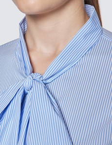 Women's Blue & White Stripe Relaxed Fit Luxury Cotton Nylon Shirt With Tie Detail