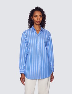 Boyfriend Bluse – Oversized Style – Baumwollstretch – blau mit weißen Streifen