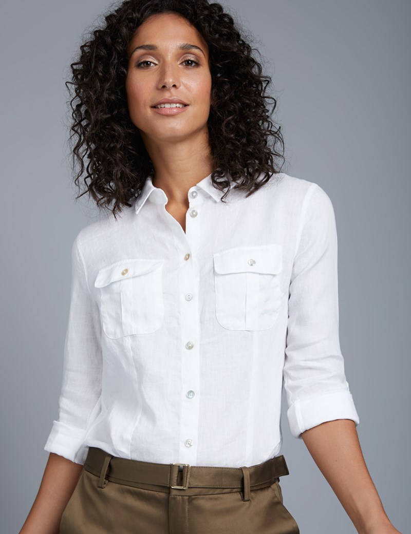 Women's White Relaxed Fit Linen Shirt | Hawes & Curtis